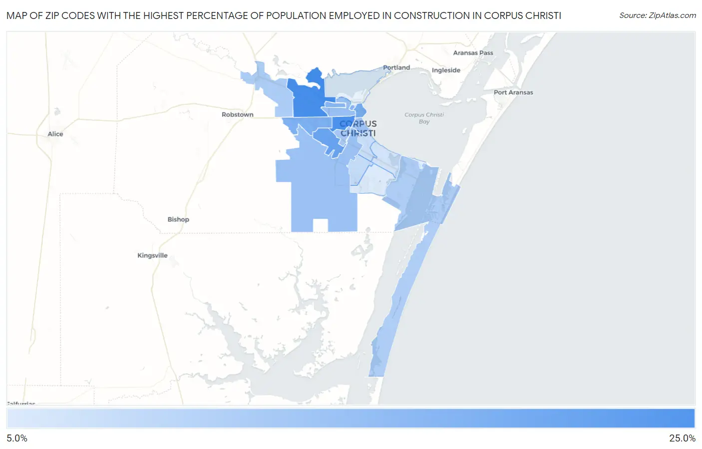 Zip Codes with the Highest Percentage of Population Employed in Construction in Corpus Christi Map