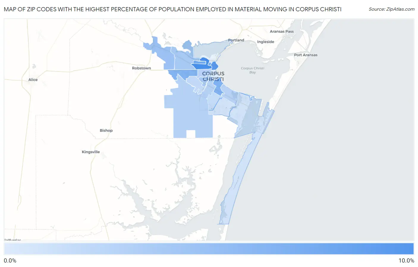 Zip Codes with the Highest Percentage of Population Employed in Material Moving in Corpus Christi Map