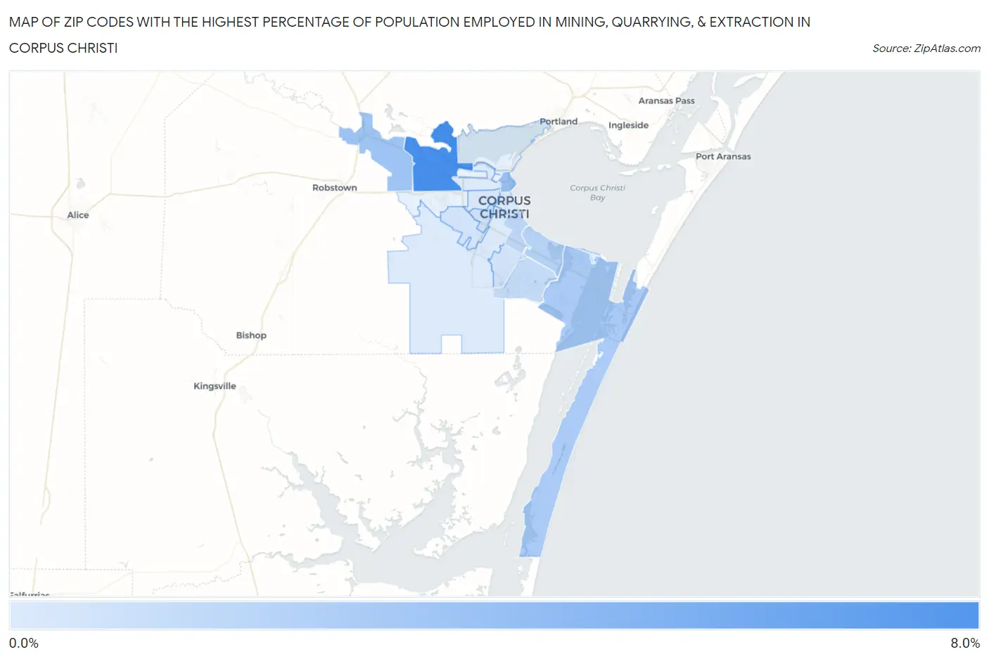 Zip Codes with the Highest Percentage of Population Employed in Mining, Quarrying, & Extraction in Corpus Christi Map