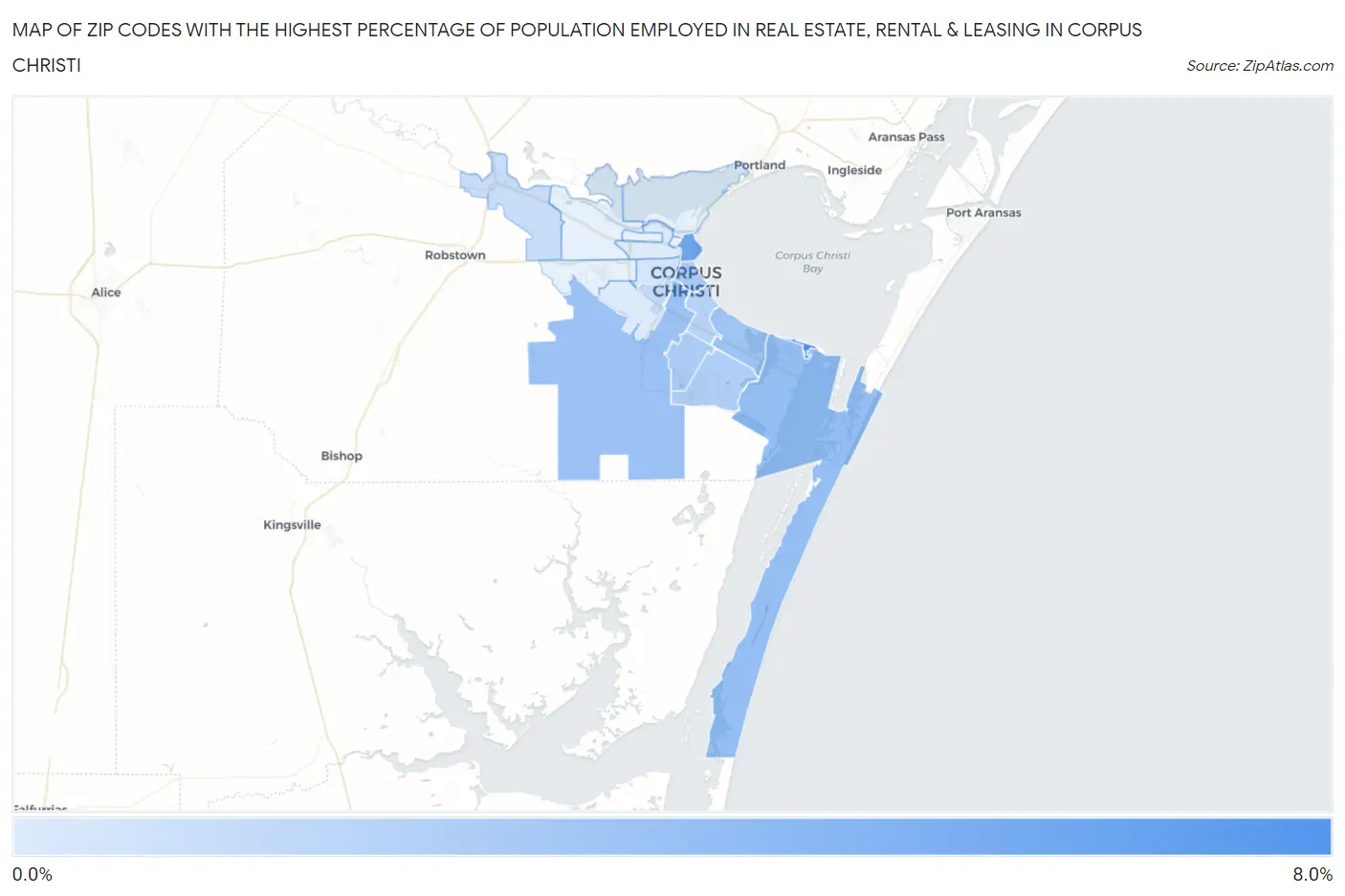 Zip Codes with the Highest Percentage of Population Employed in Real Estate, Rental & Leasing in Corpus Christi Map