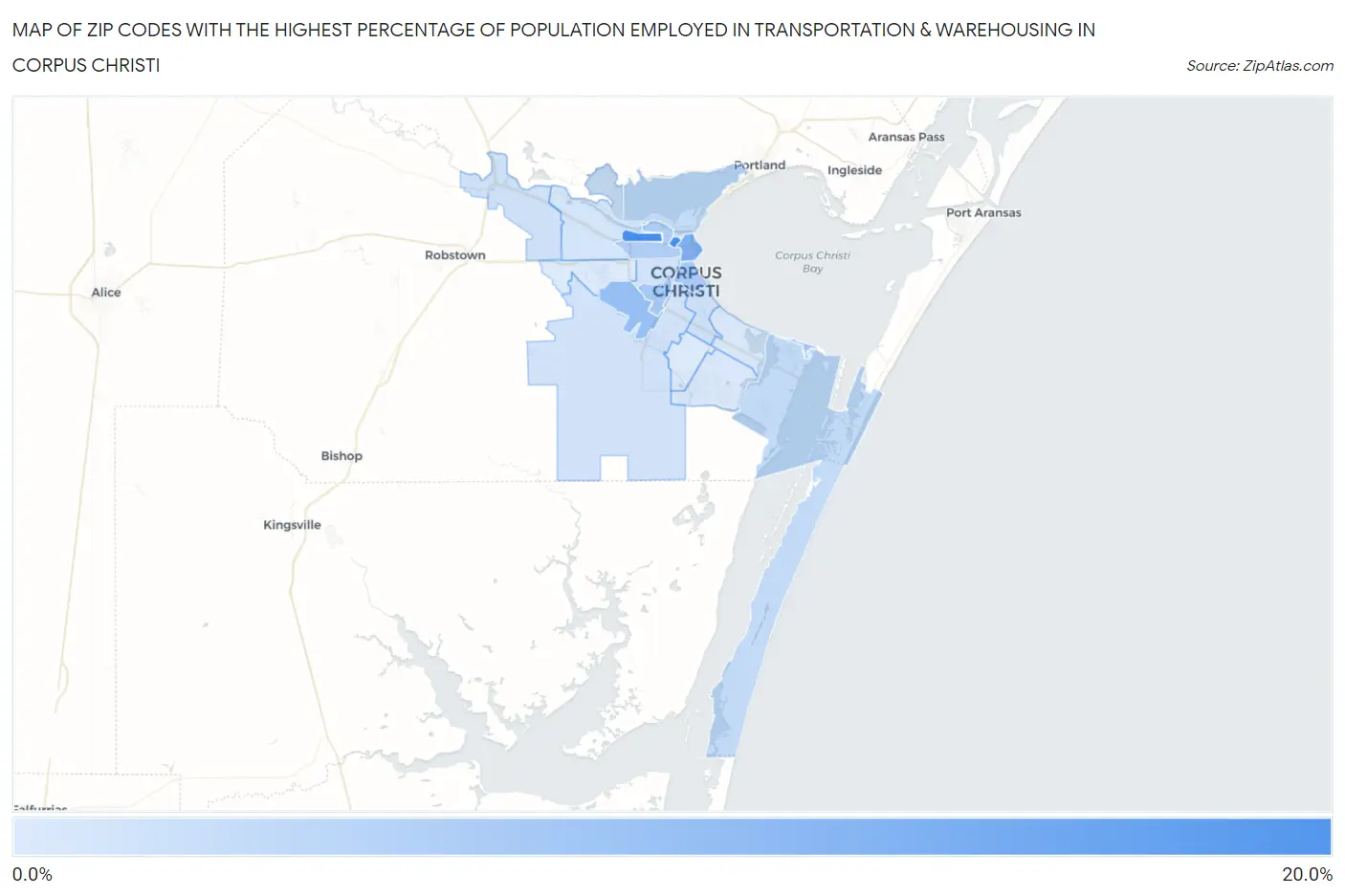 Zip Codes with the Highest Percentage of Population Employed in Transportation & Warehousing in Corpus Christi Map