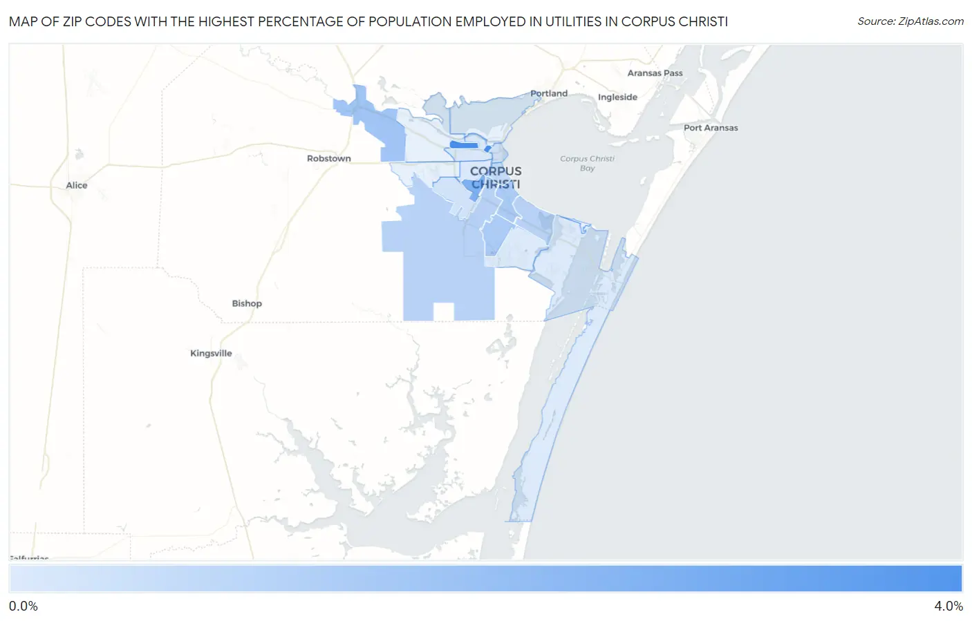 Zip Codes with the Highest Percentage of Population Employed in Utilities in Corpus Christi Map