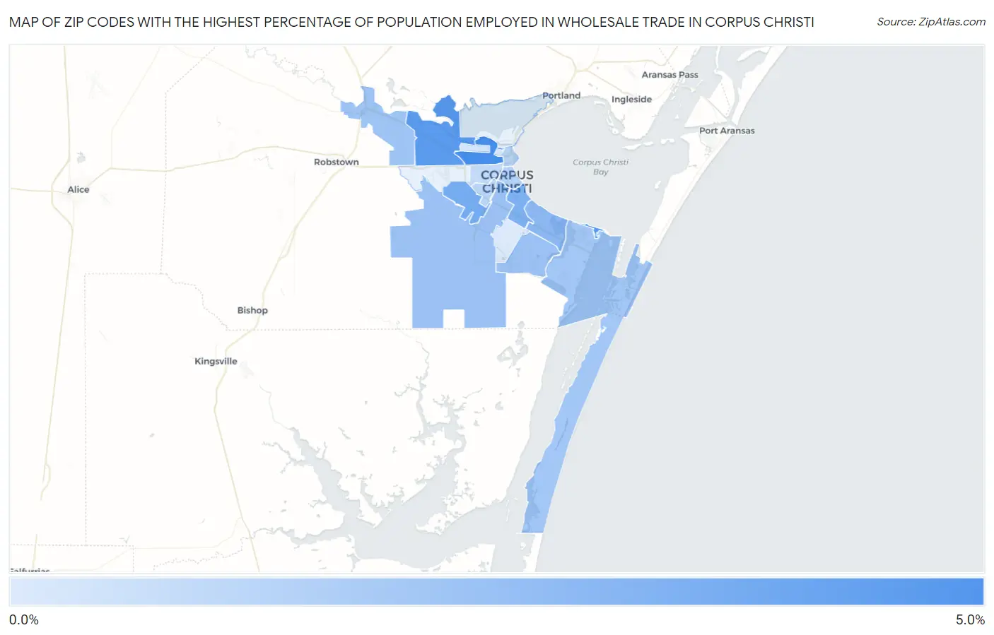 Zip Codes with the Highest Percentage of Population Employed in Wholesale Trade in Corpus Christi Map