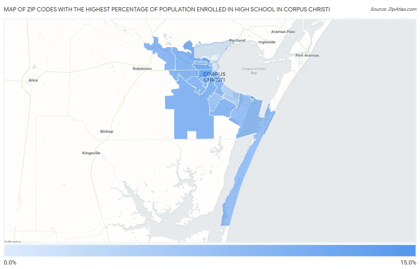 Zip Codes with the Highest Percentage of Population Enrolled in High School in Corpus Christi Map