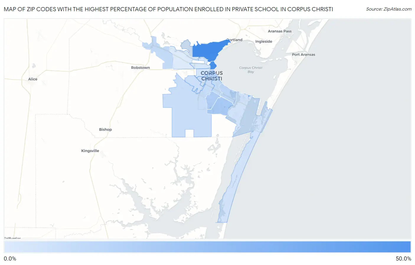 Zip Codes with the Highest Percentage of Population Enrolled in Private School in Corpus Christi Map