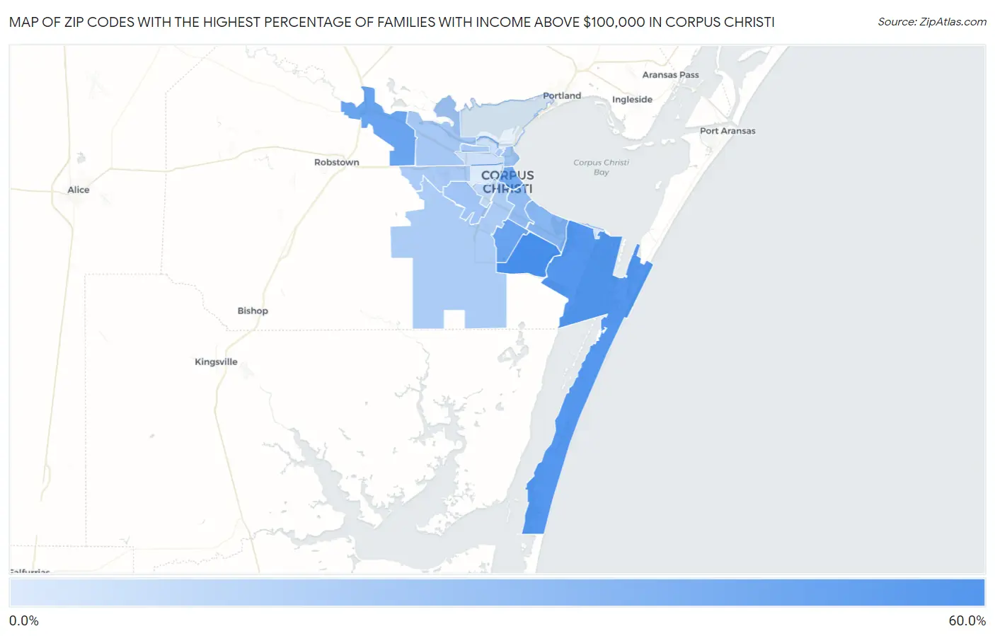 Zip Codes with the Highest Percentage of Families with Income Above $100,000 in Corpus Christi Map
