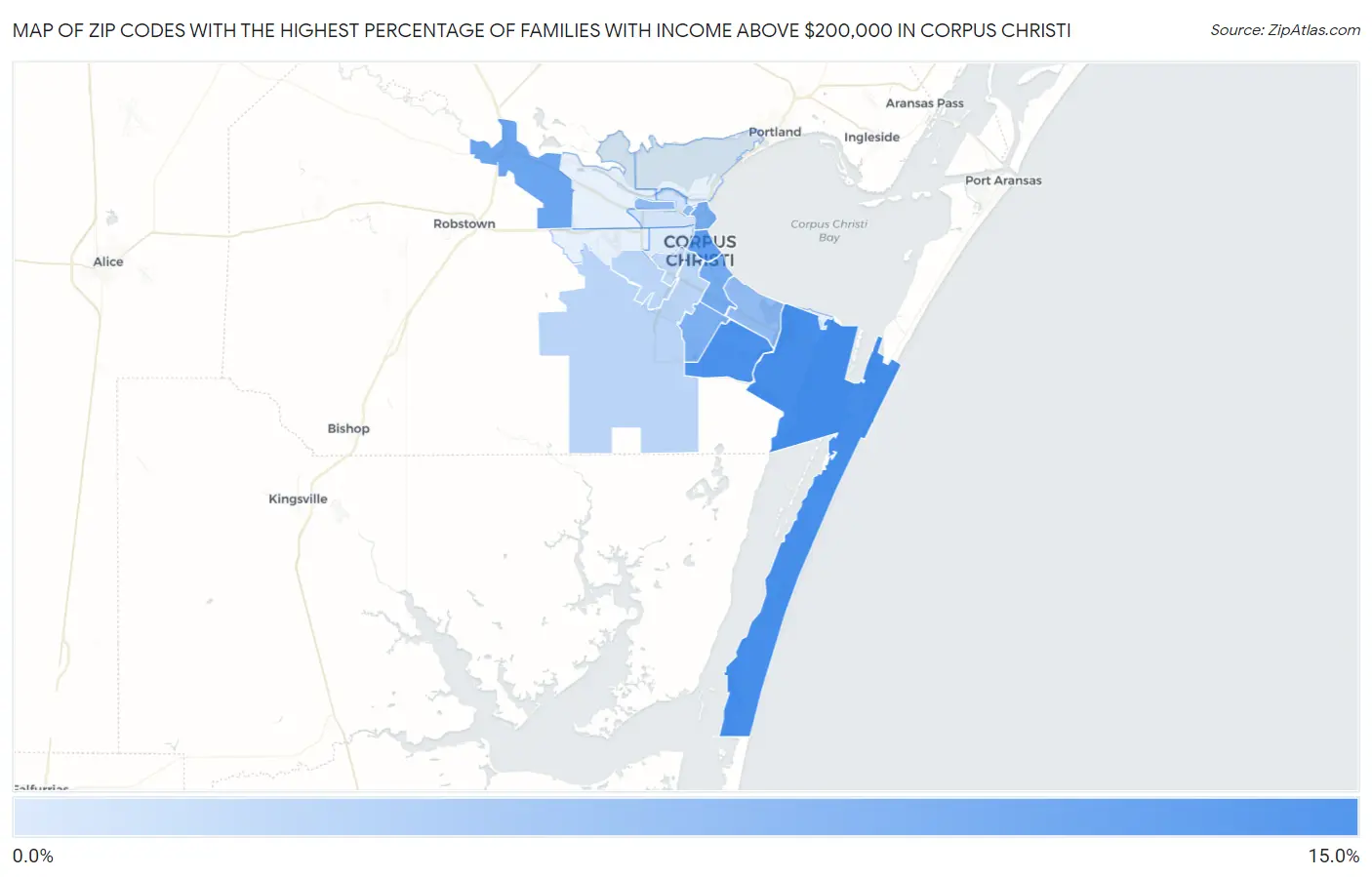Zip Codes with the Highest Percentage of Families with Income Above $200,000 in Corpus Christi Map