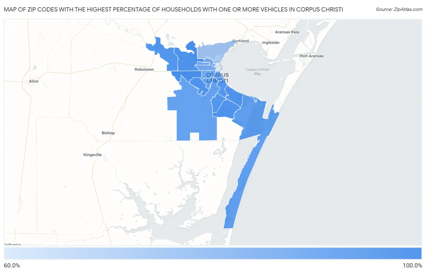 Zip Codes with the Highest Percentage of Households With One or more Vehicles in Corpus Christi Map