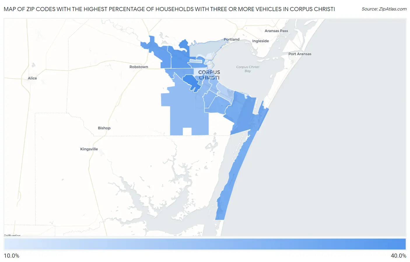 Zip Codes with the Highest Percentage of Households With Three or more Vehicles in Corpus Christi Map