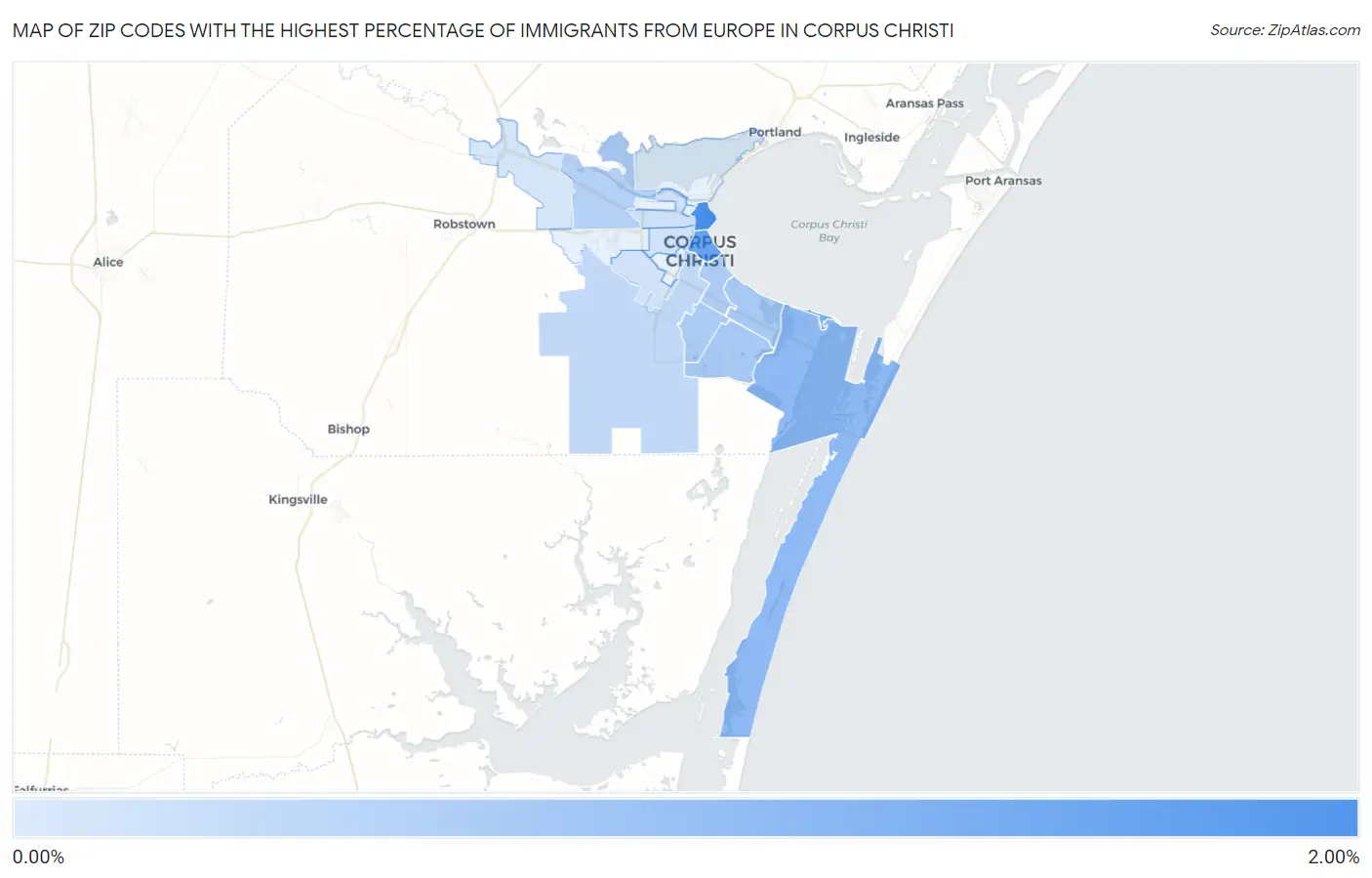 Zip Codes with the Highest Percentage of Immigrants from Europe in Corpus Christi Map