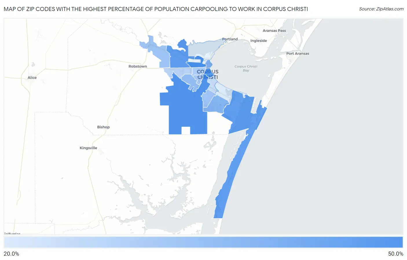 Zip Codes with the Highest Percentage of Population Carpooling to Work in Corpus Christi Map