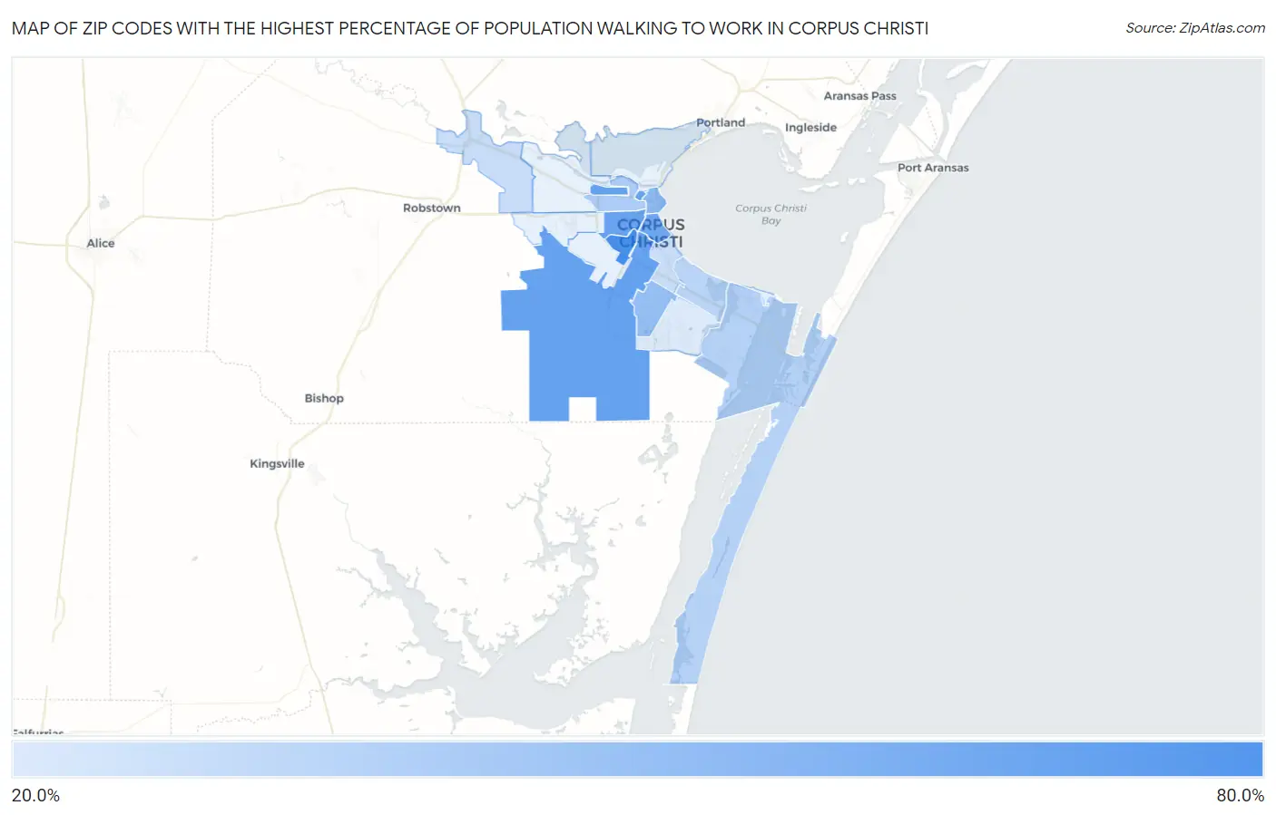 Zip Codes with the Highest Percentage of Population Walking to Work in Corpus Christi Map