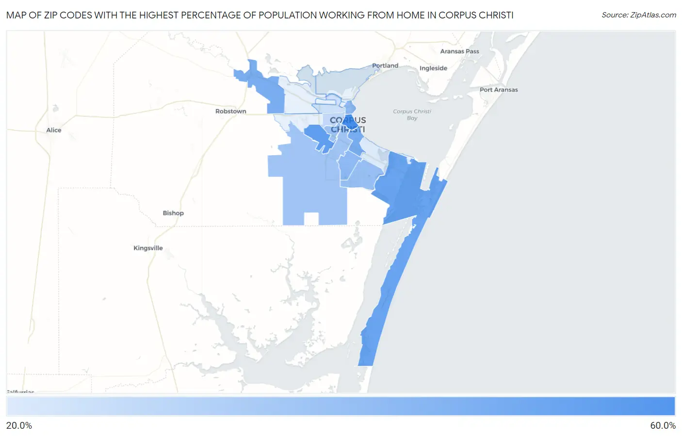 Zip Codes with the Highest Percentage of Population Working from Home in Corpus Christi Map