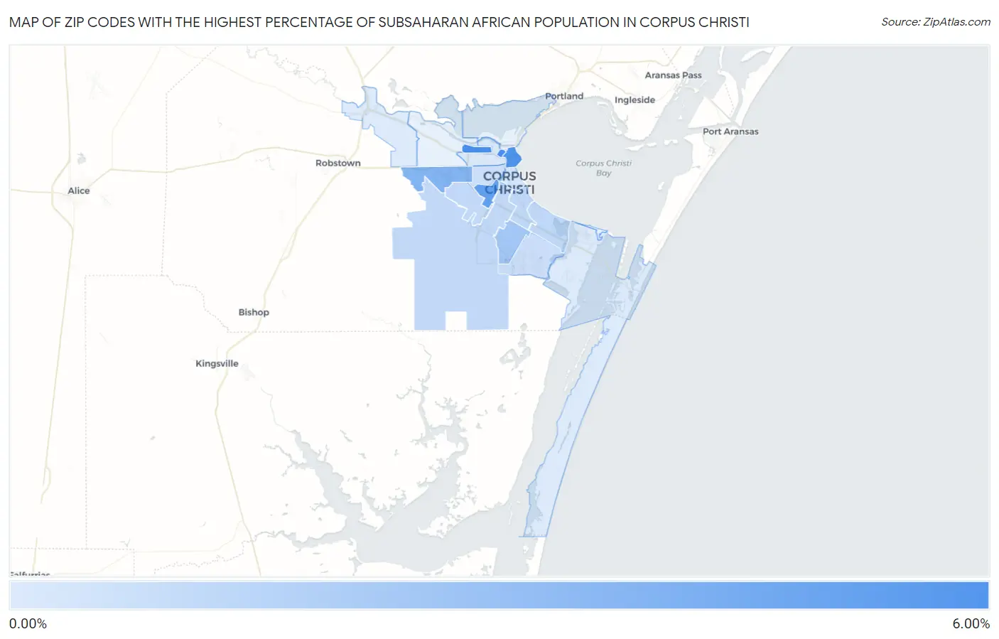 Zip Codes with the Highest Percentage of Subsaharan African Population in Corpus Christi Map