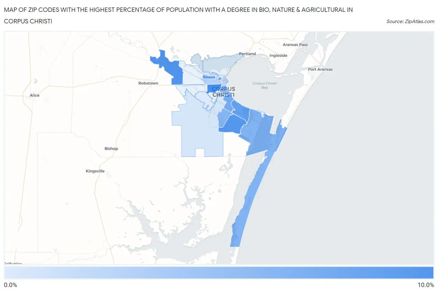 Zip Codes with the Highest Percentage of Population with a Degree in Bio, Nature & Agricultural in Corpus Christi Map