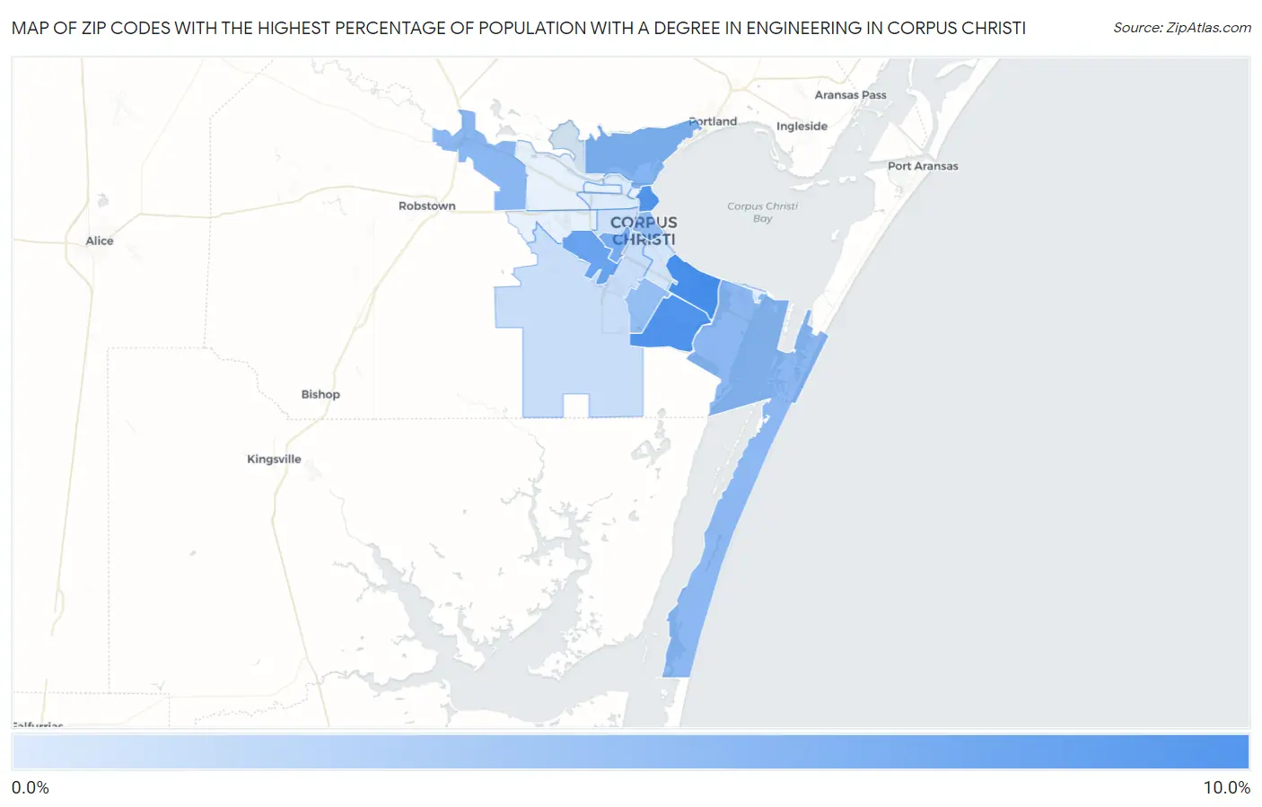 Zip Codes with the Highest Percentage of Population with a Degree in Engineering in Corpus Christi Map