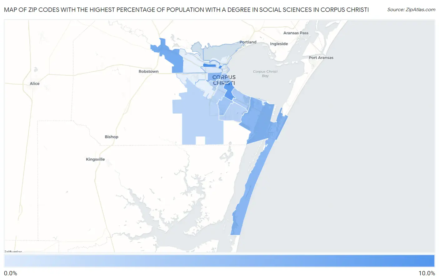 Zip Codes with the Highest Percentage of Population with a Degree in Social Sciences in Corpus Christi Map