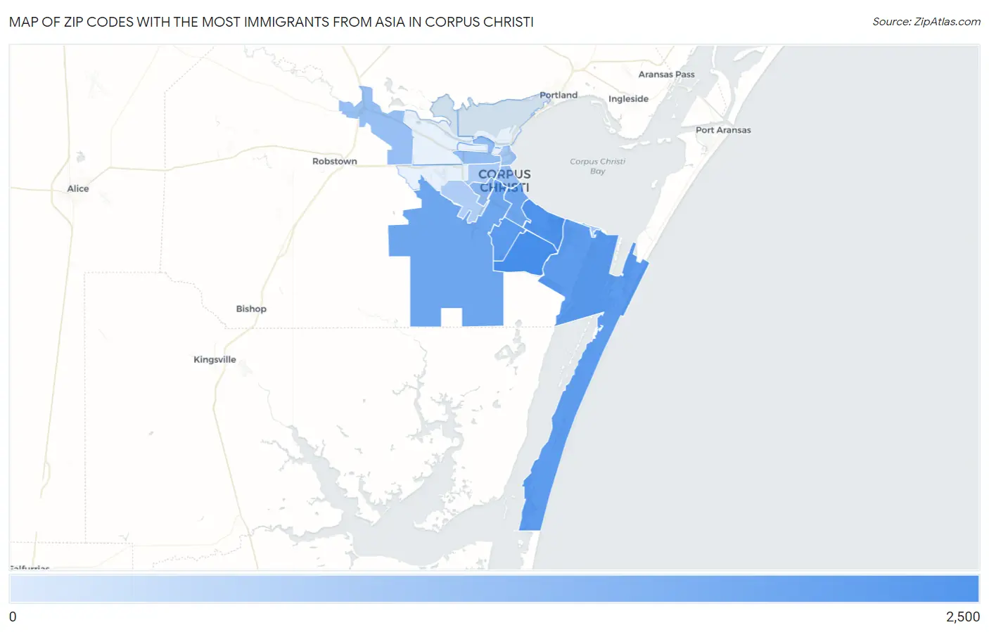 Zip Codes with the Most Immigrants from Asia in Corpus Christi Map