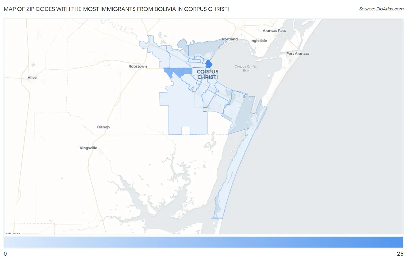 Zip Codes with the Most Immigrants from Bolivia in Corpus Christi Map