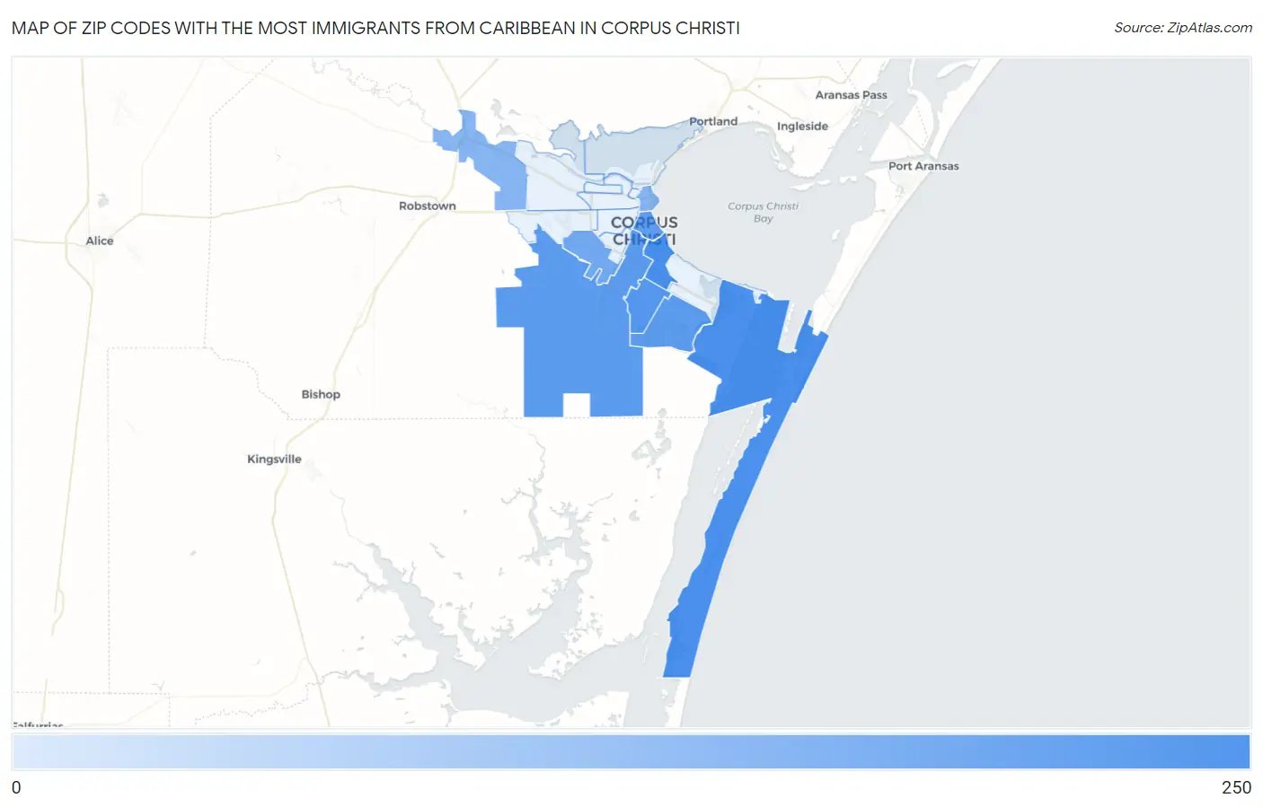 Zip Codes with the Most Immigrants from Caribbean in Corpus Christi Map