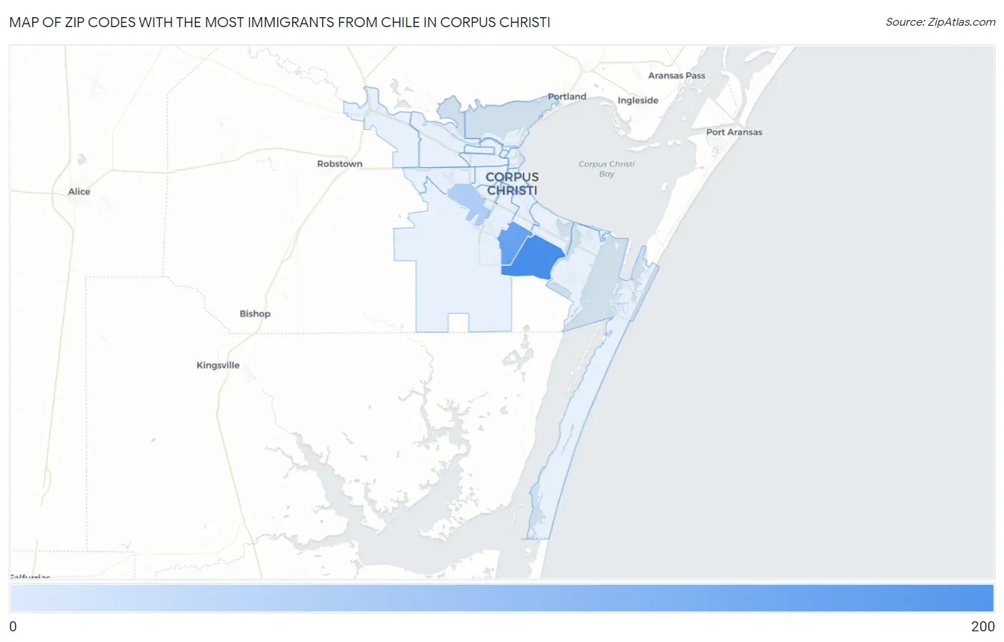 Zip Codes with the Most Immigrants from Chile in Corpus Christi Map