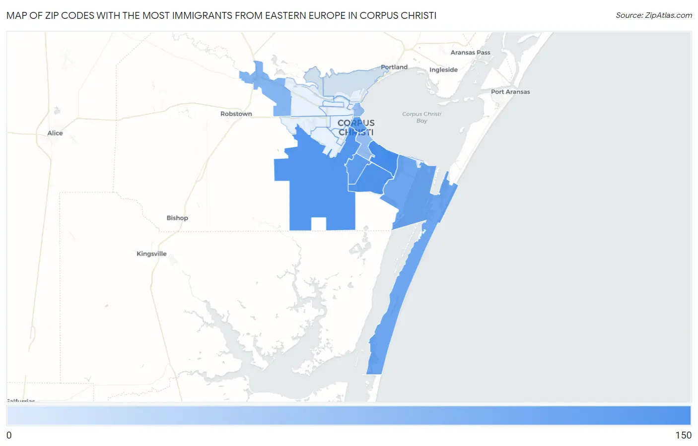 Zip Codes with the Most Immigrants from Eastern Europe in Corpus Christi Map