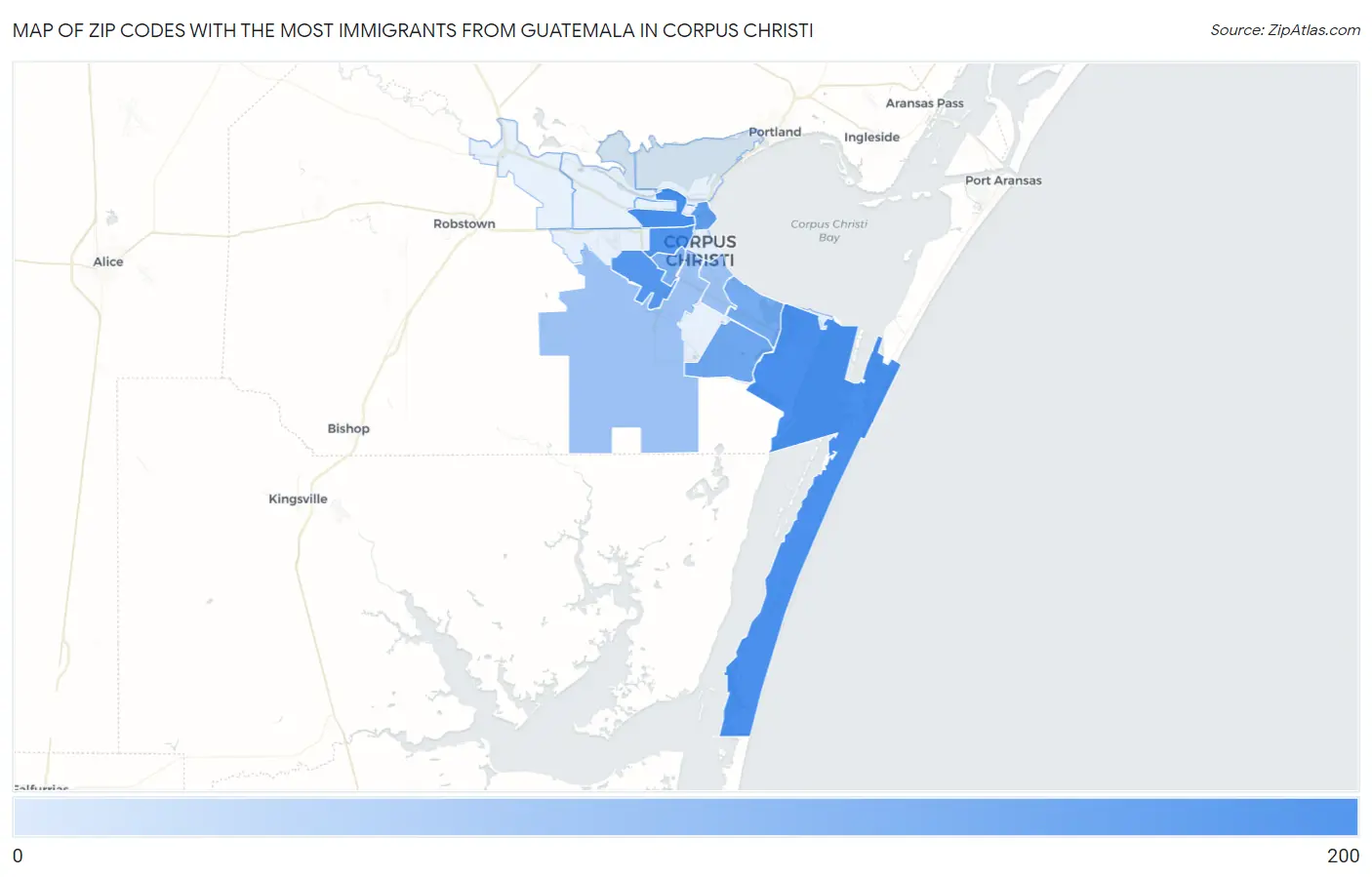 Zip Codes with the Most Immigrants from Guatemala in Corpus Christi Map