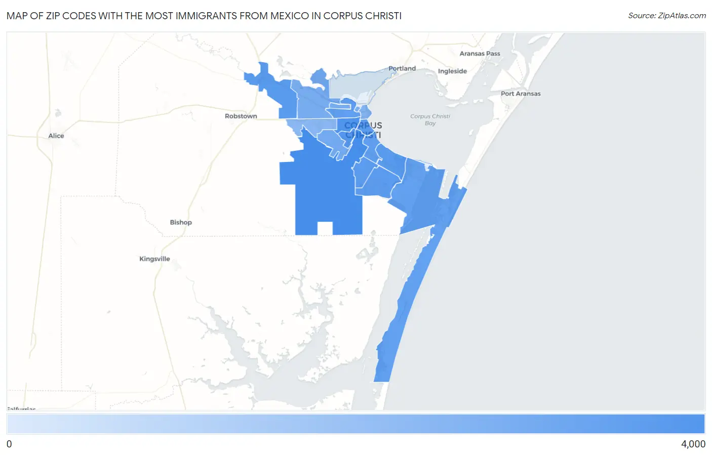 Zip Codes with the Most Immigrants from Mexico in Corpus Christi Map