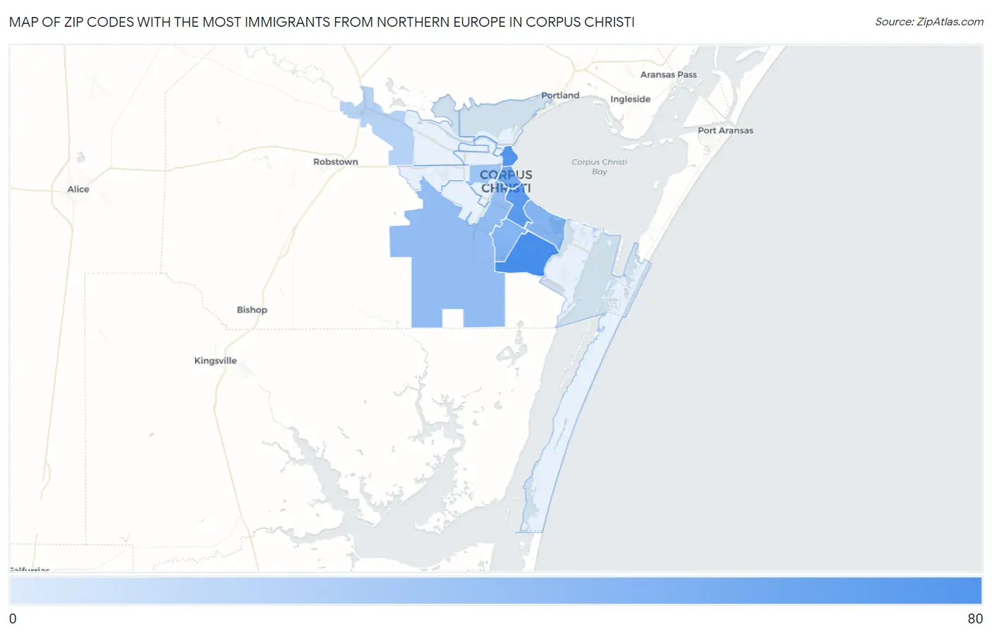 Zip Codes with the Most Immigrants from Northern Europe in Corpus Christi Map