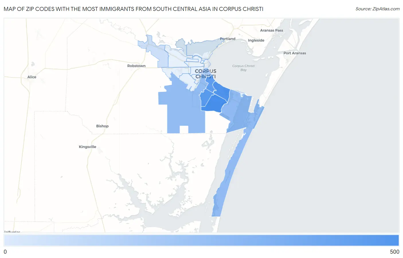 Zip Codes with the Most Immigrants from South Central Asia in Corpus Christi Map