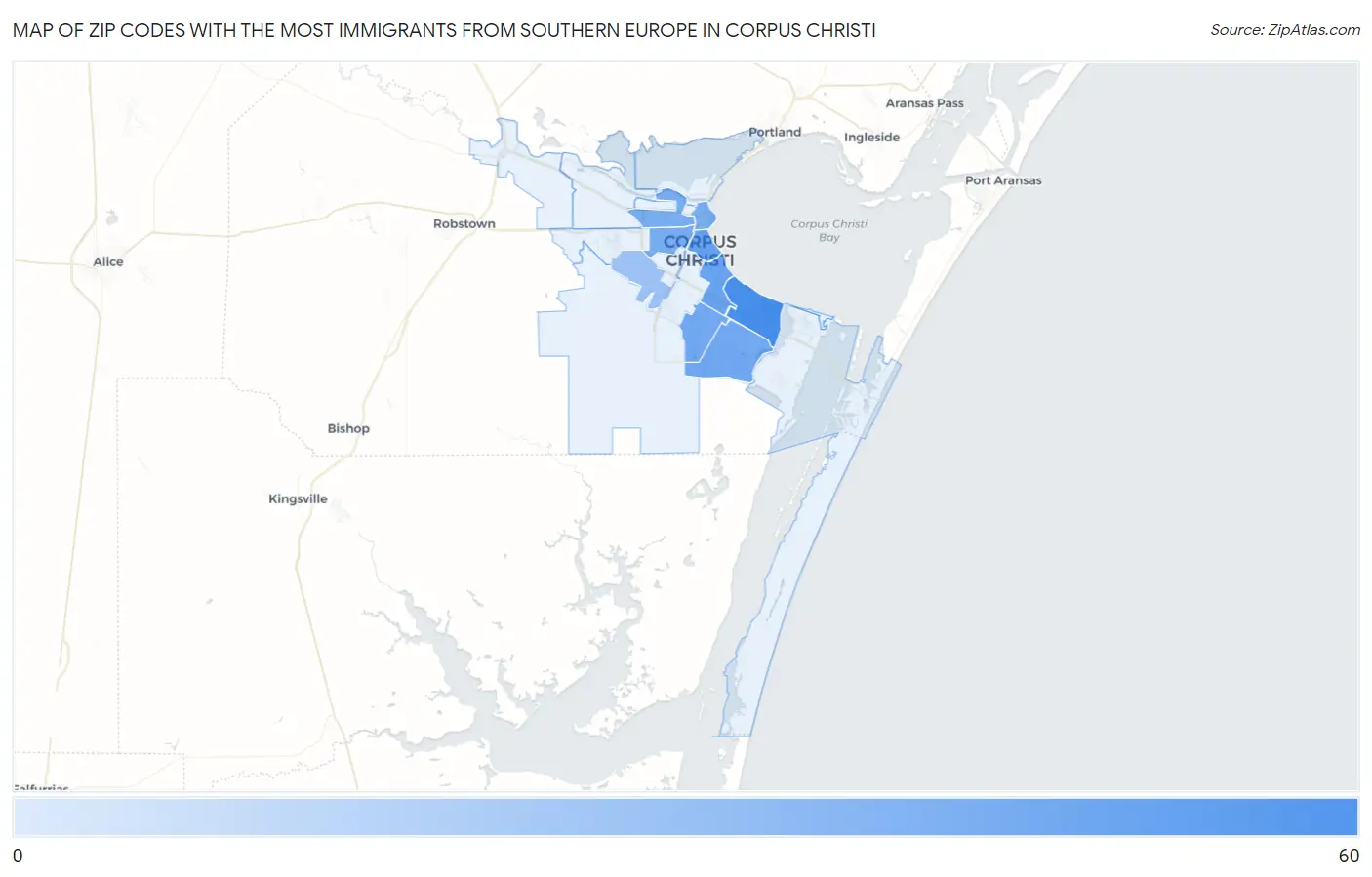 Zip Codes with the Most Immigrants from Southern Europe in Corpus Christi Map