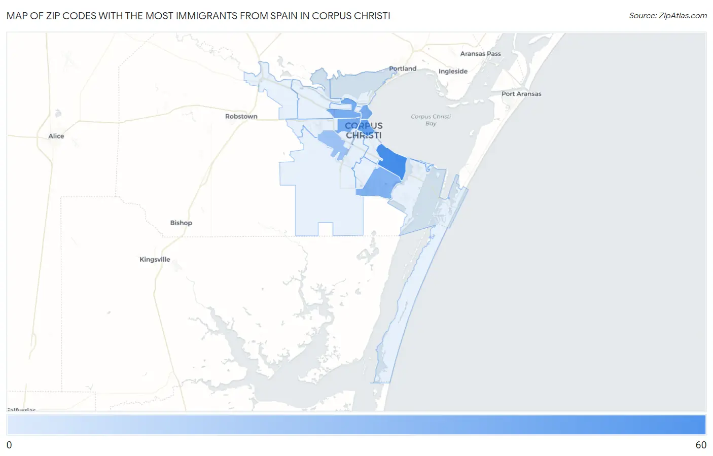 Zip Codes with the Most Immigrants from Spain in Corpus Christi Map
