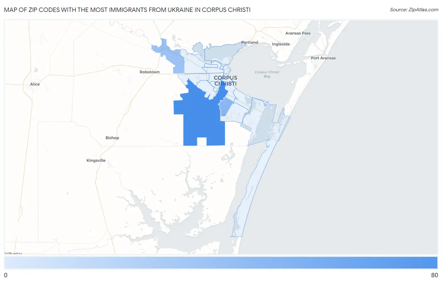 Zip Codes with the Most Immigrants from Ukraine in Corpus Christi Map