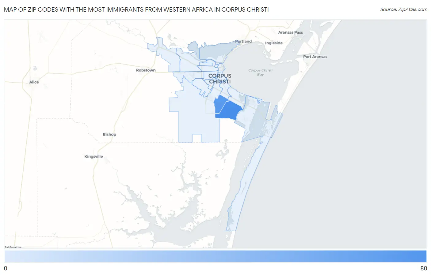 Zip Codes with the Most Immigrants from Western Africa in Corpus Christi Map