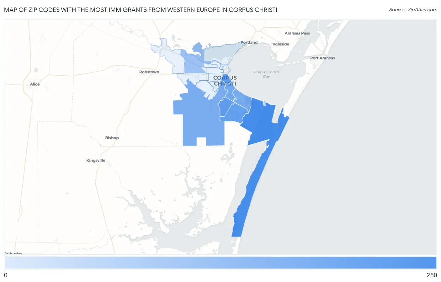 Zip Codes with the Most Immigrants from Western Europe in Corpus Christi Map
