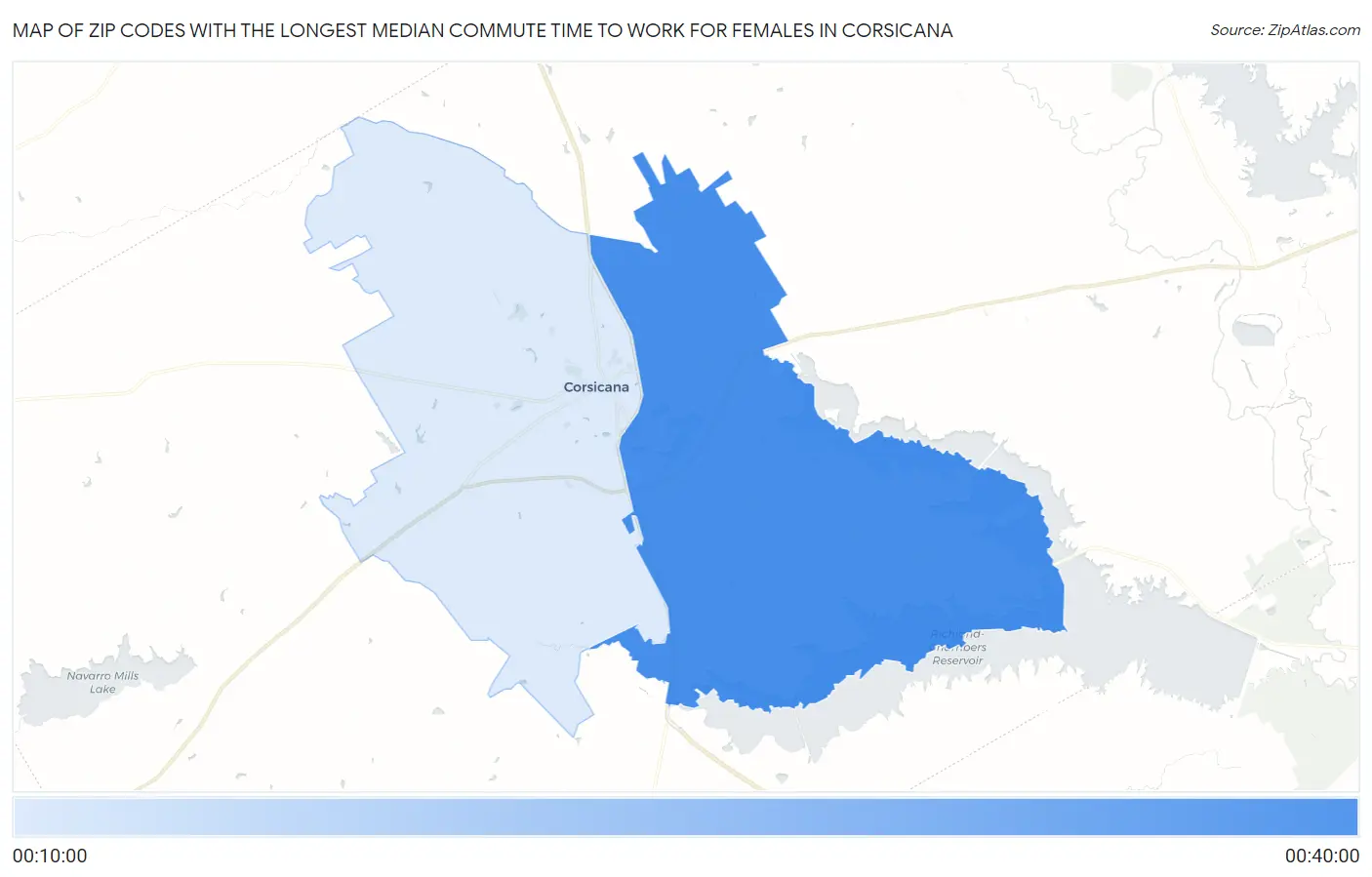 Zip Codes with the Longest Median Commute Time to Work for Females in Corsicana Map