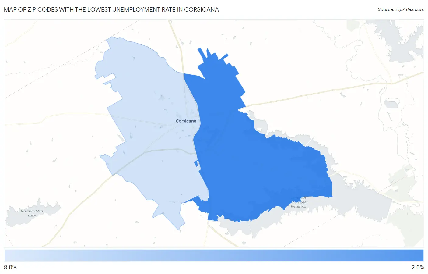 Zip Codes with the Lowest Unemployment Rate in Corsicana Map