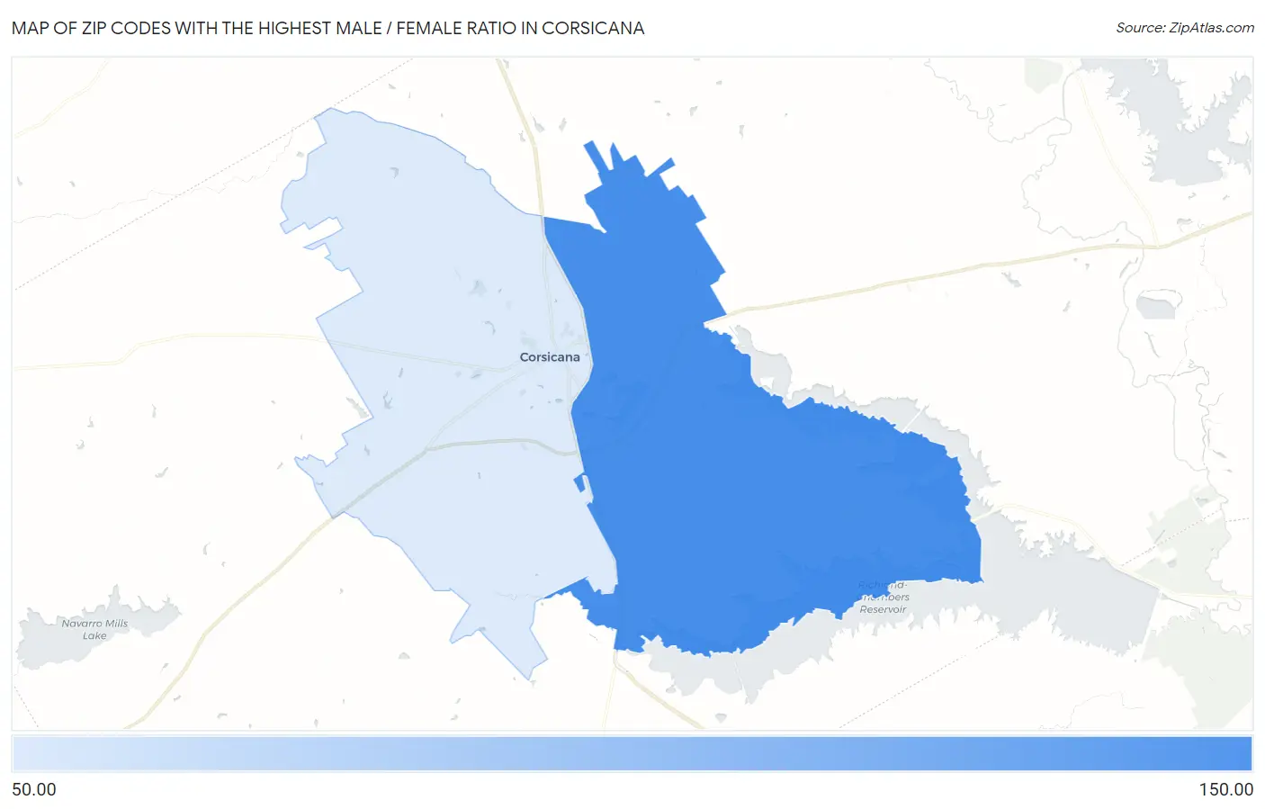 Zip Codes with the Highest Male / Female Ratio in Corsicana Map