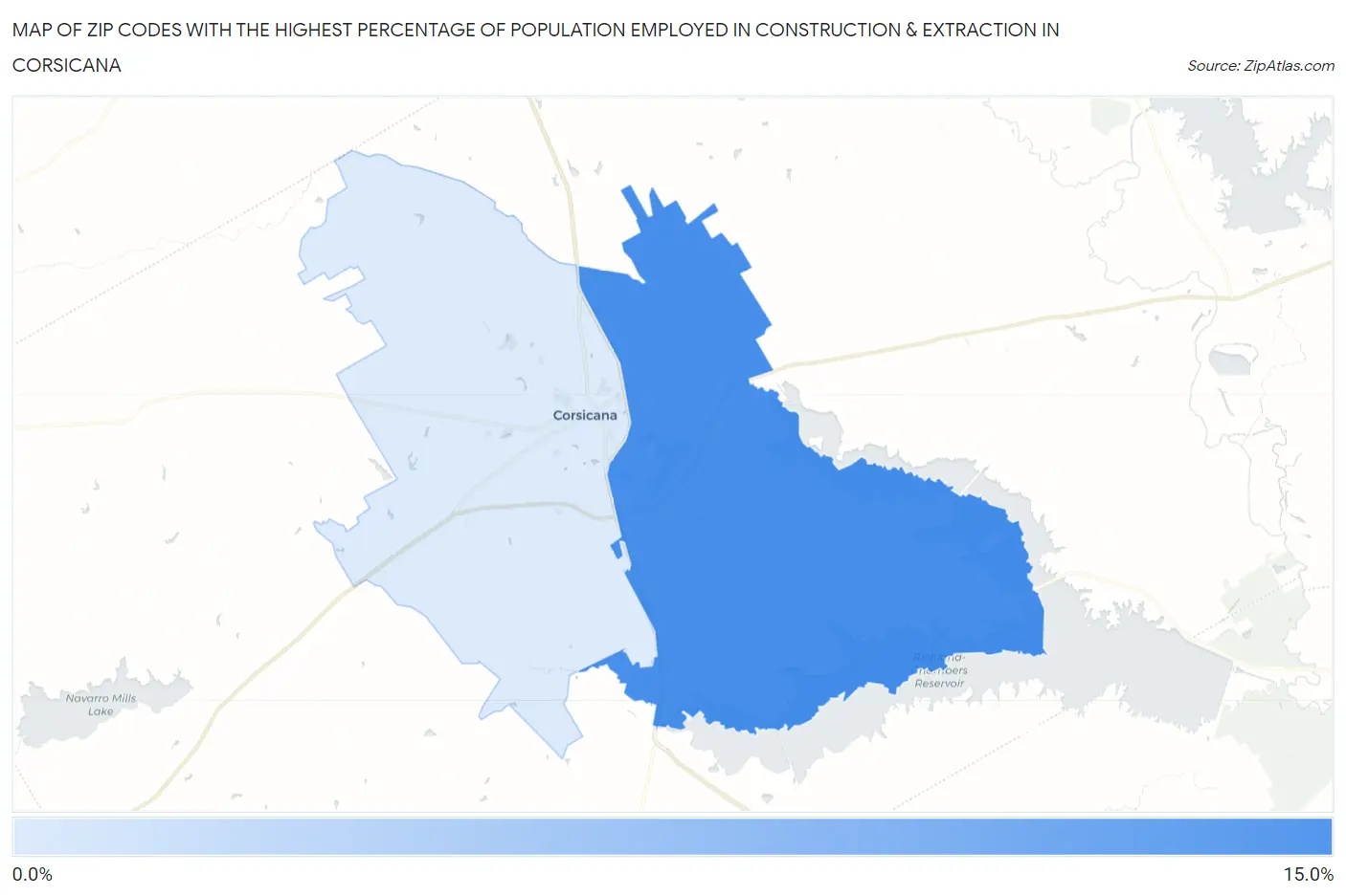 Zip Codes with the Highest Percentage of Population Employed in Construction & Extraction in Corsicana Map
