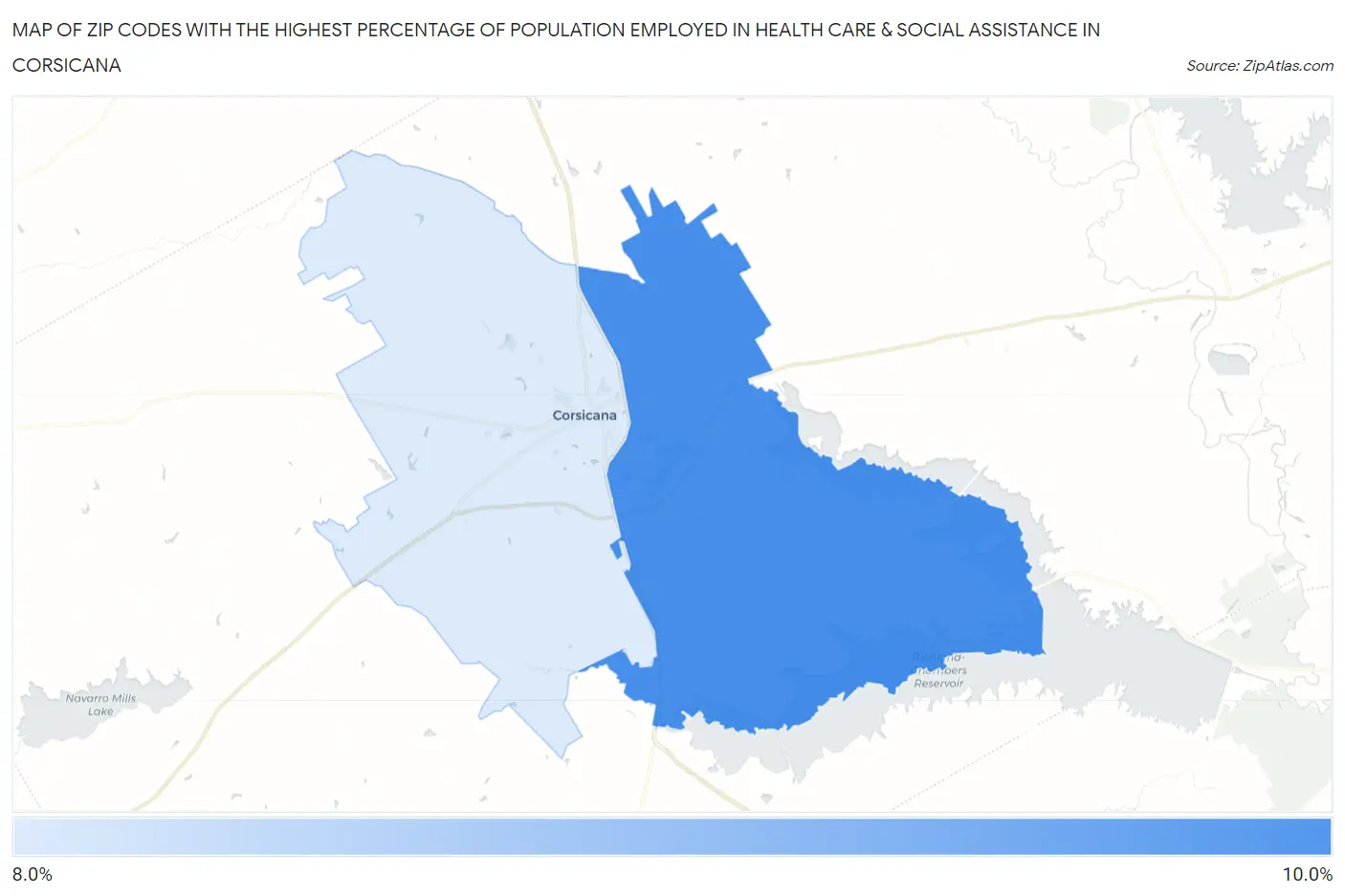 Zip Codes with the Highest Percentage of Population Employed in Health Care & Social Assistance in Corsicana Map