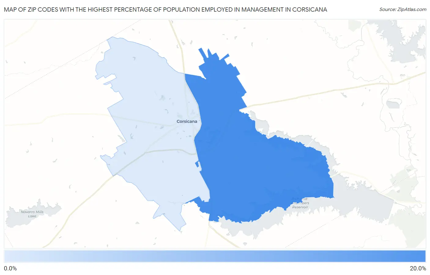 Zip Codes with the Highest Percentage of Population Employed in Management in Corsicana Map