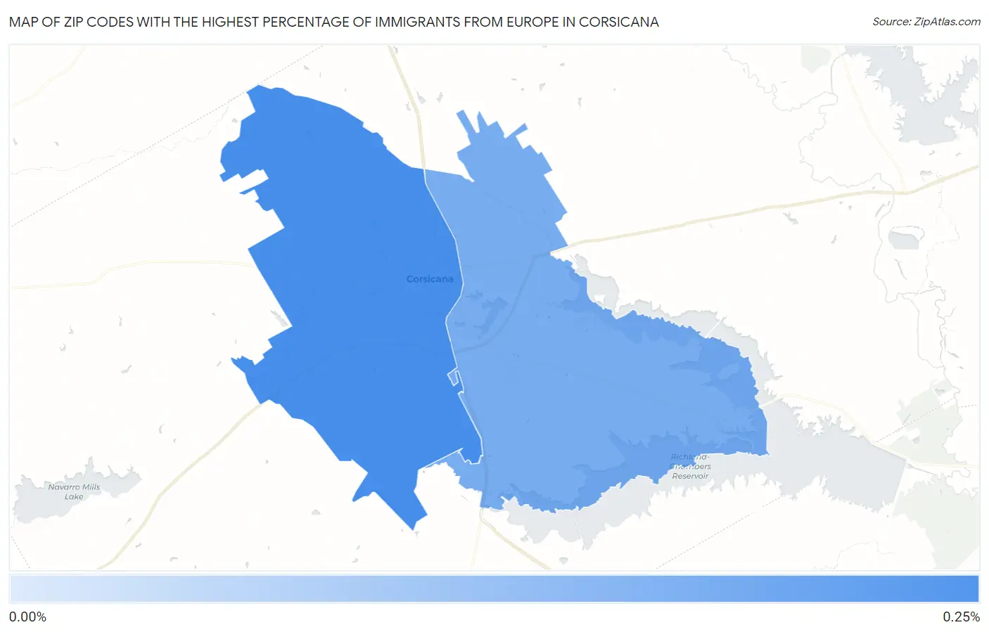 Zip Codes with the Highest Percentage of Immigrants from Europe in Corsicana Map