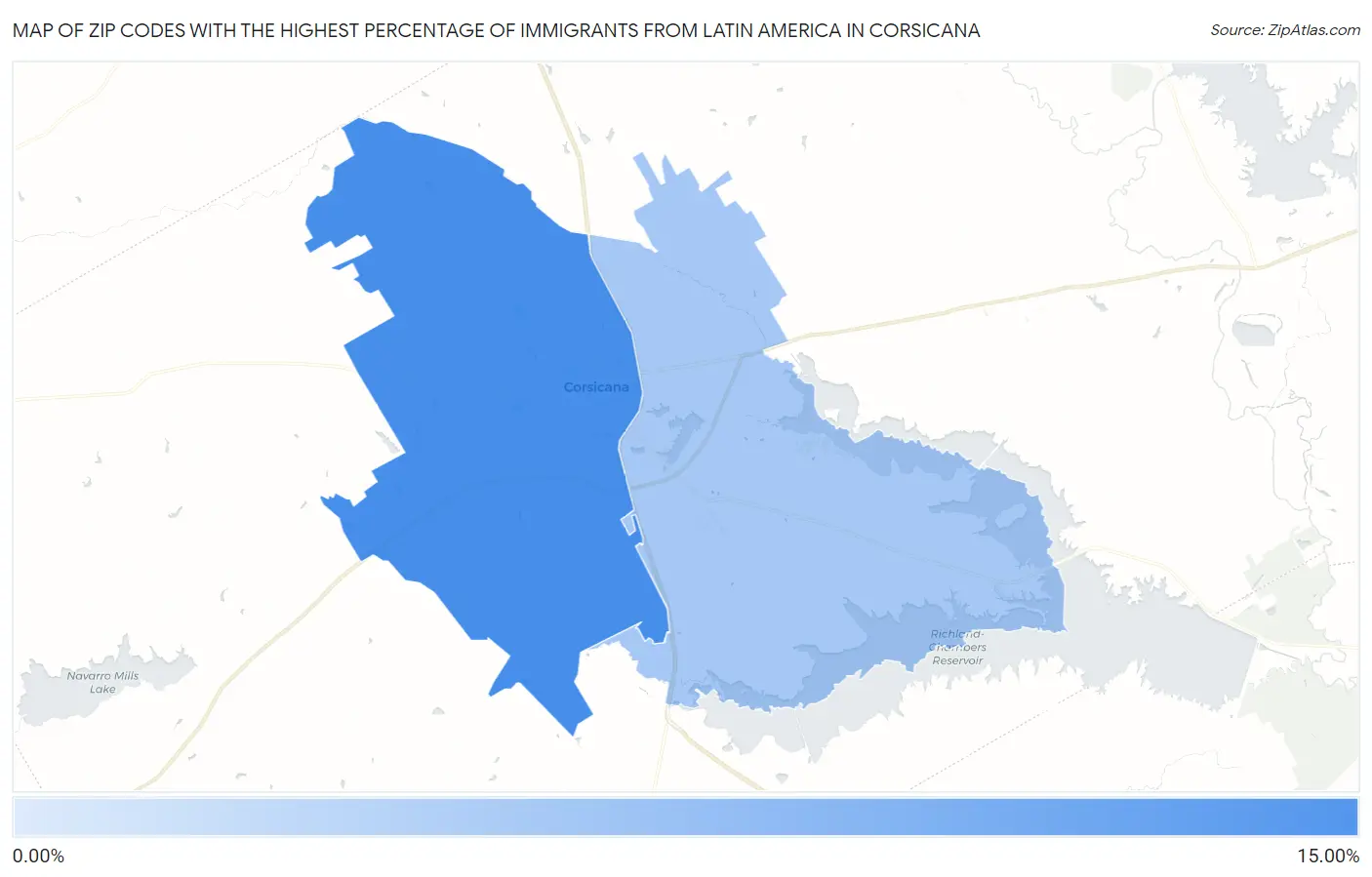 Zip Codes with the Highest Percentage of Immigrants from Latin America in Corsicana Map