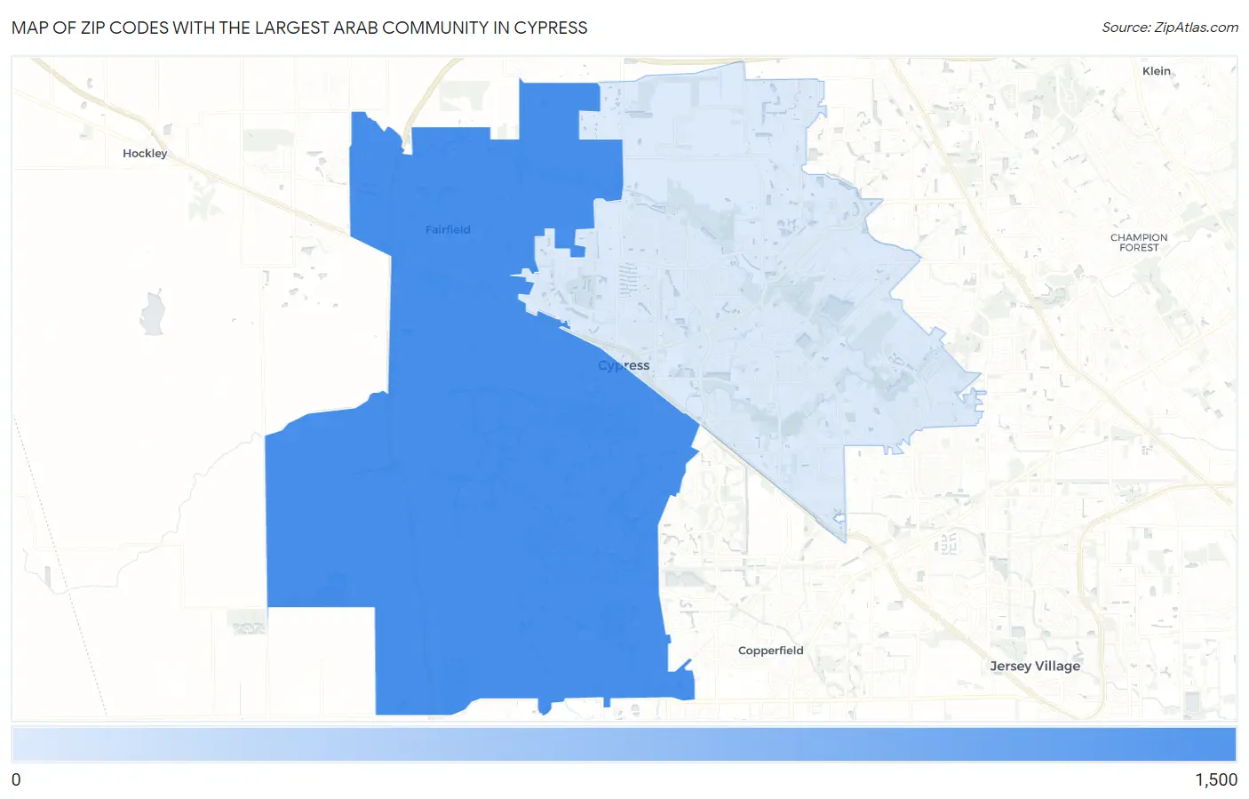 Zip Codes with the Largest Arab Community in Cypress Map