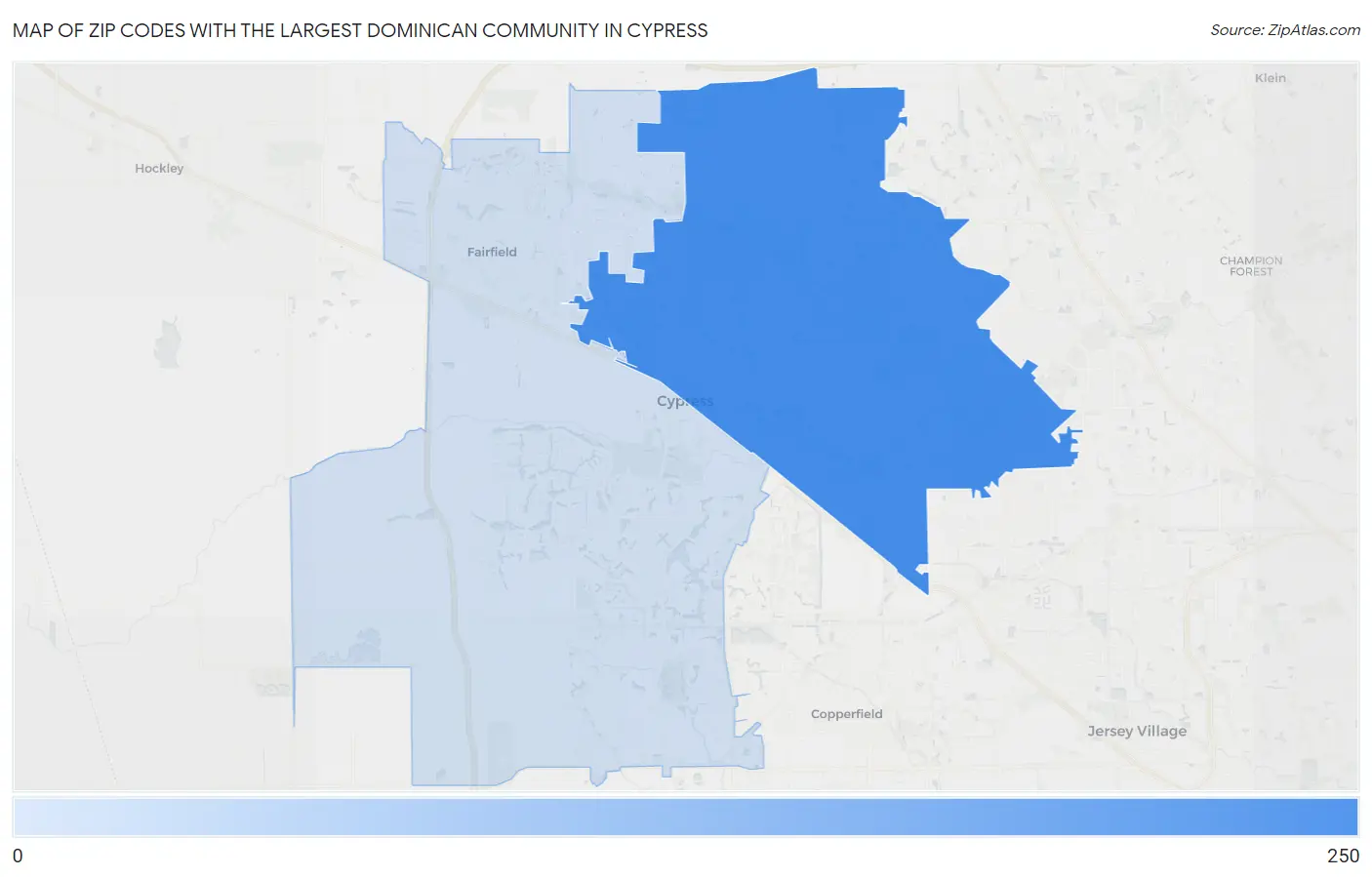 Zip Codes with the Largest Dominican Community in Cypress Map