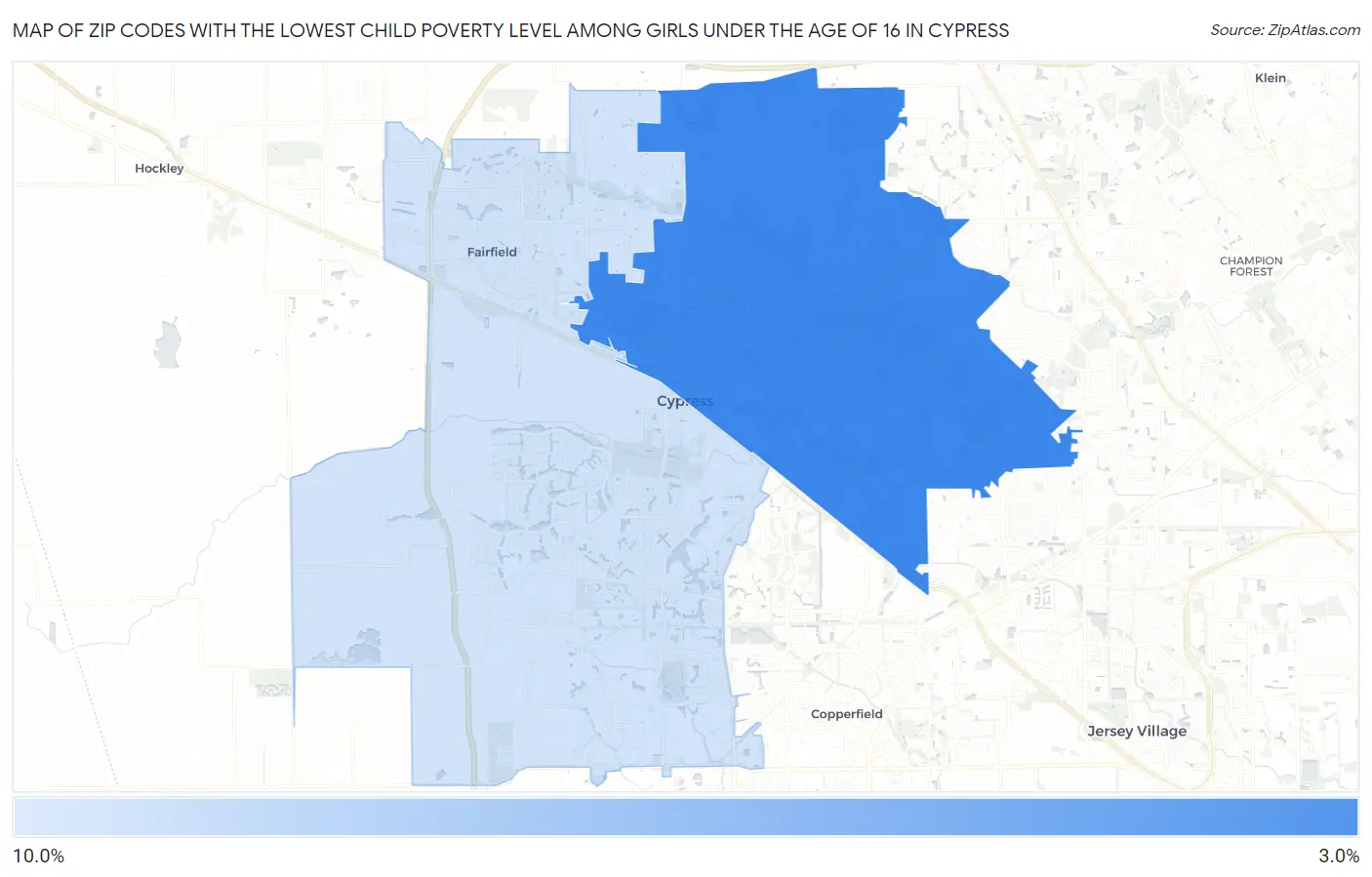 Zip Codes with the Lowest Child Poverty Level Among Girls Under the Age of 16 in Cypress Map