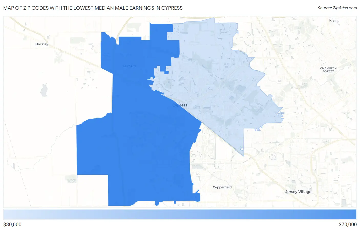 Zip Codes with the Lowest Median Male Earnings in Cypress Map