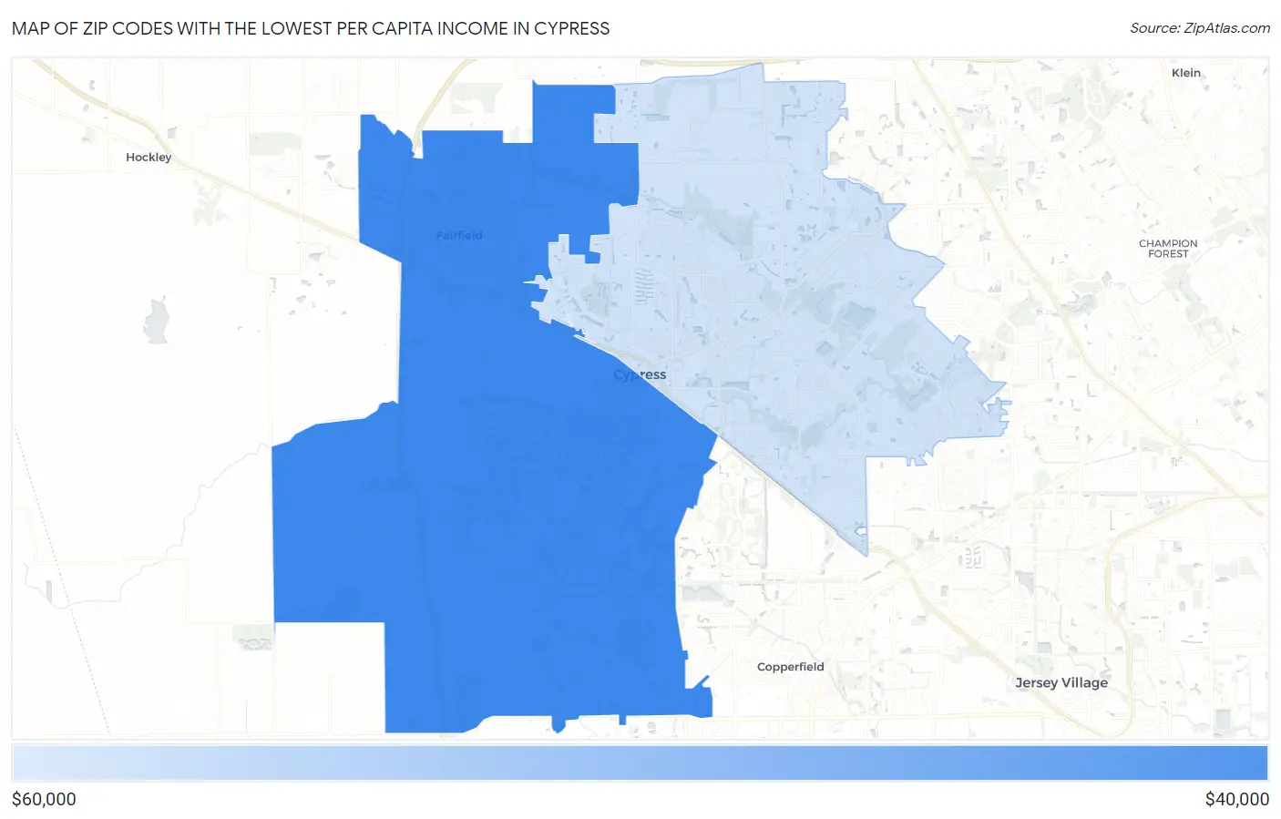 Zip Codes with the Lowest Per Capita Income in Cypress Map