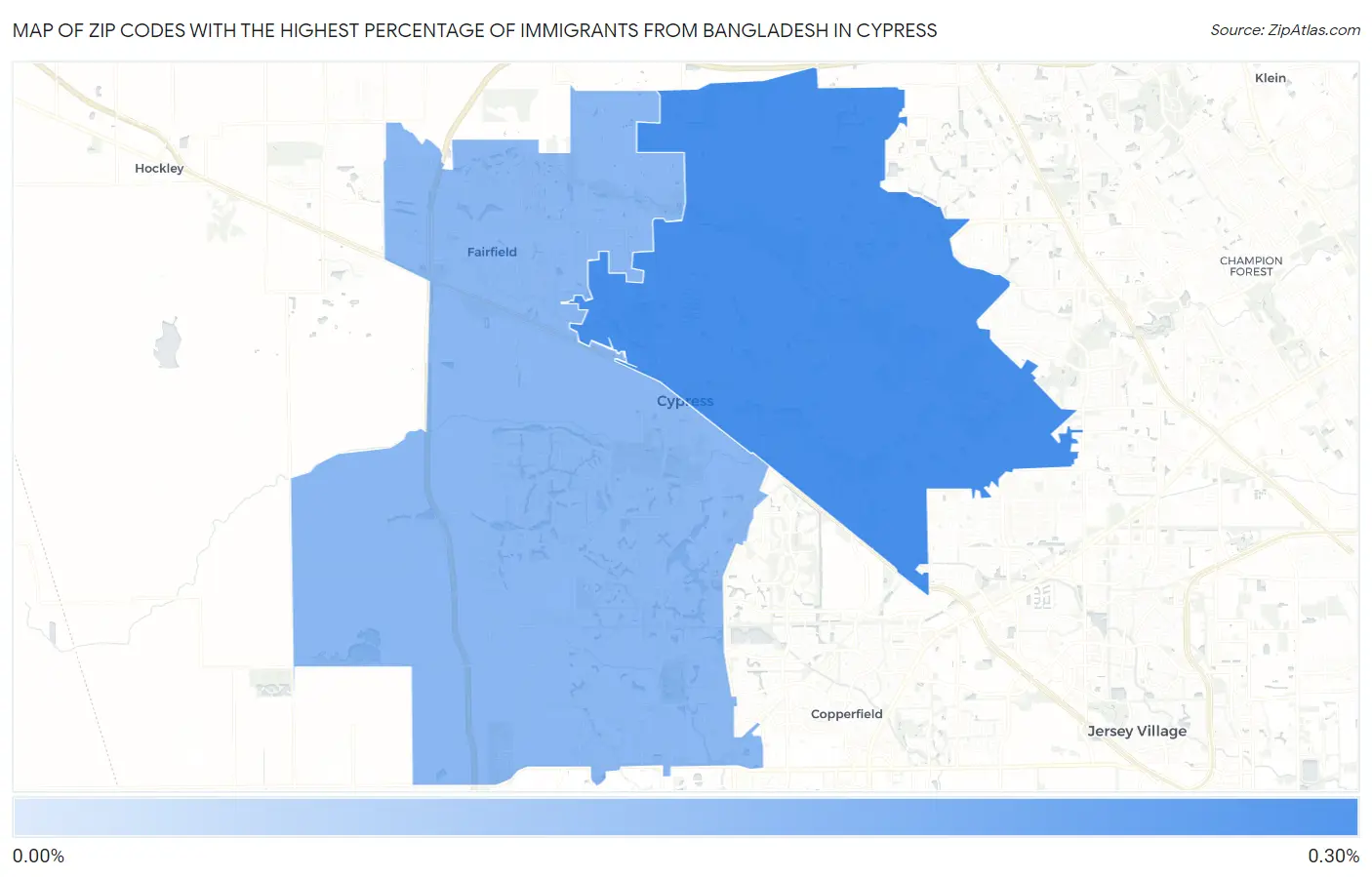Zip Codes with the Highest Percentage of Immigrants from Bangladesh in Cypress Map