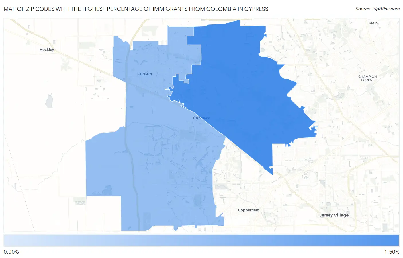 Zip Codes with the Highest Percentage of Immigrants from Colombia in Cypress Map